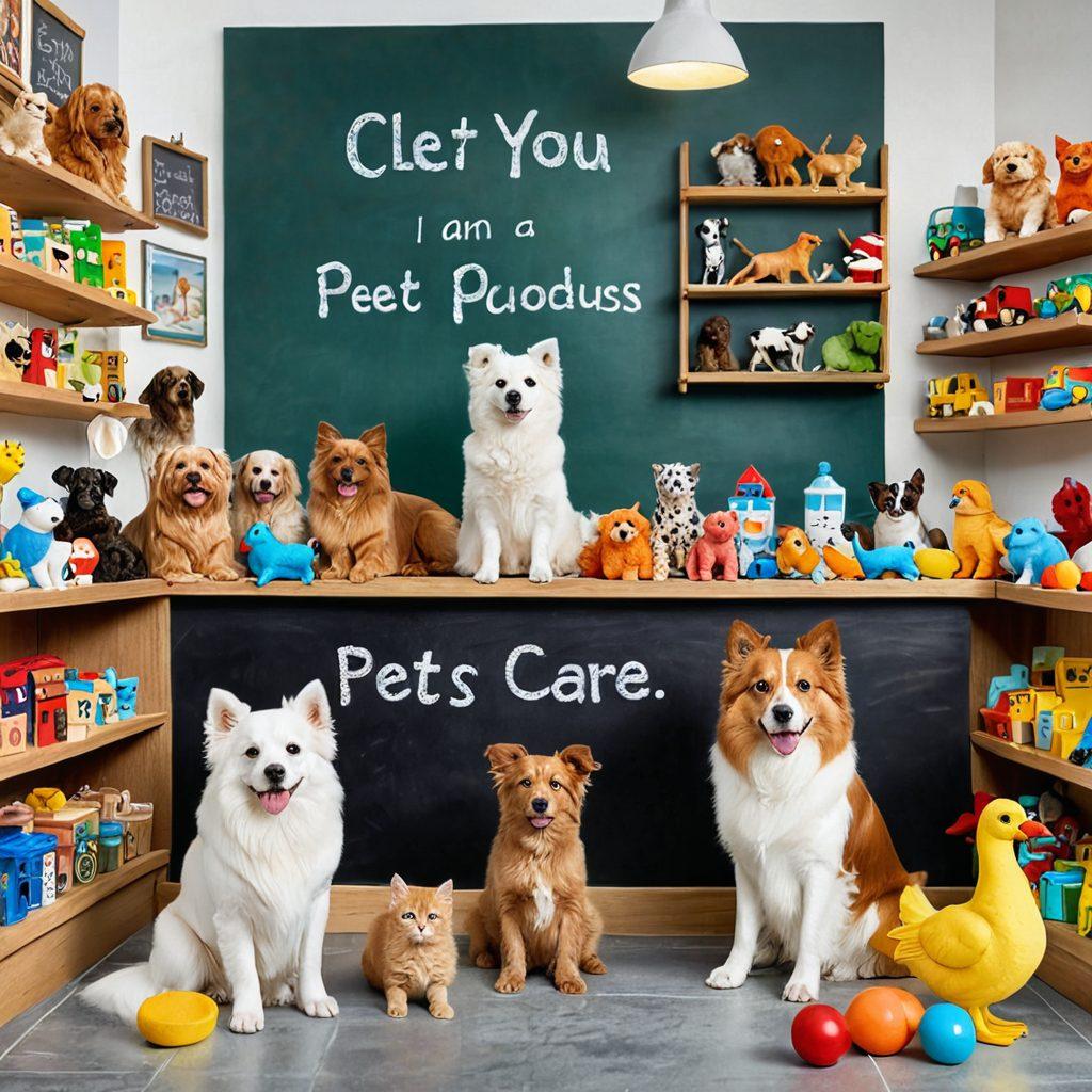 A colorful pet store showcasing a variety of products like toys, food, and accessories, with happy pets (dogs, cats, birds) exploring their surroundings. In the background, an engaging display of pet care practices such as grooming and training tips on a chalkboard. The atmosphere is lively and inviting, capturing the joy of pet ownership. super-realistic. vibrant colors. white background.