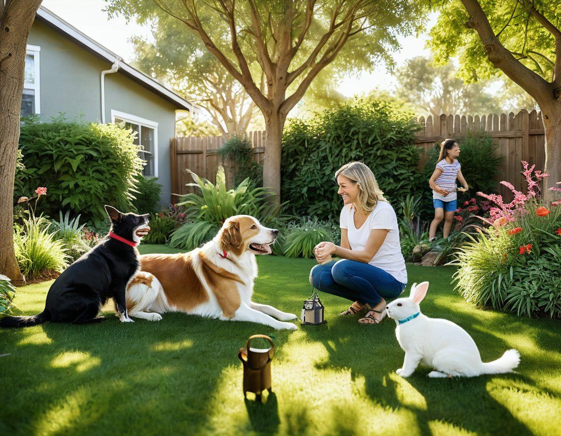 A heartwarming scene of a diverse group of pets including a happy dog, playful cat, and a cheerful rabbit, engaging with their owners in a lush green backyard. The owners, of various ages and ethnicities, are seen interacting joyfully with their pets, emphasizing health and happiness. Soft sunlight filters through trees, creating a vibrant and inviting atmosphere. Include elements like pet toys and bowls scattered around to enhance the pet-friendly ambiance. super-realistic. vibrant colors. outdoors.