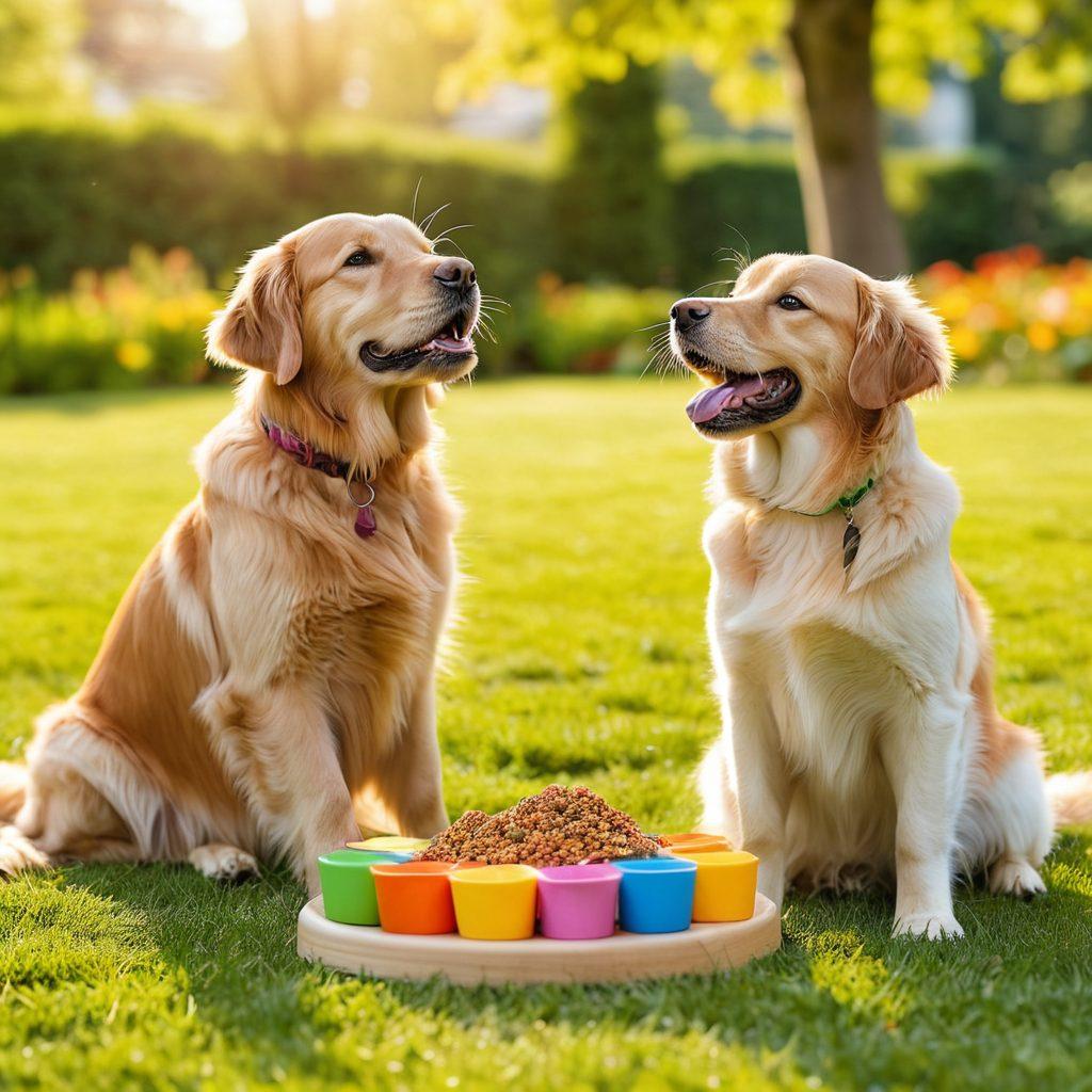 A joyful dog and a playful cat surrounded by bowls of nutritious food, colorful toys, and training tools in a sunny park setting. Include happy pet owners engaging with their pets, showcasing interaction and care. The scene should be vibrant and full of life, capturing the essence of a happy pet lifestyle. super-realistic. vibrant colors. sunny background.